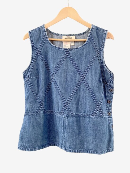 Vintage Tops - Vintage Sleeveless Denim Top with Side Seam Button Closure / size L-XL